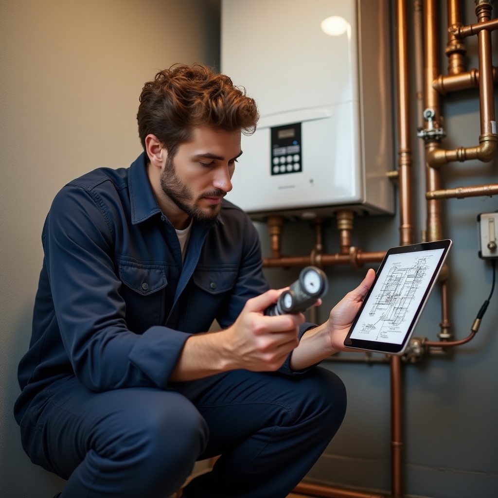 Tehnician HVAC lucrând la un sistem de încălzire rezidențial