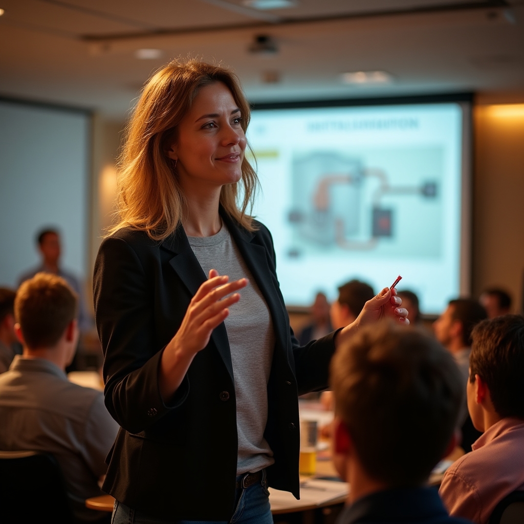Trainer explicând concepte de eficiență energetică unui grup de tehnicieni