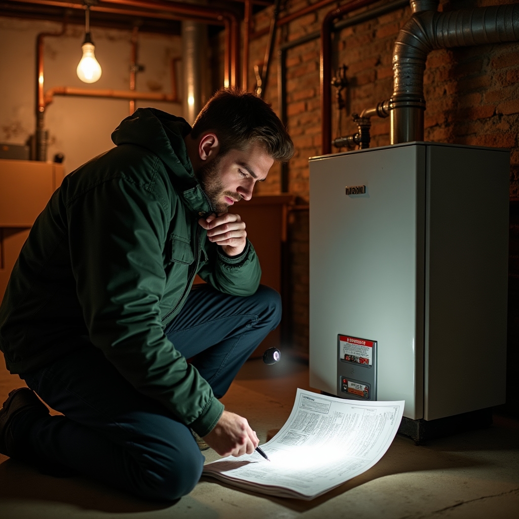 Instalator HVAC analizând o problemă de eficiență la un cazan rezidențial